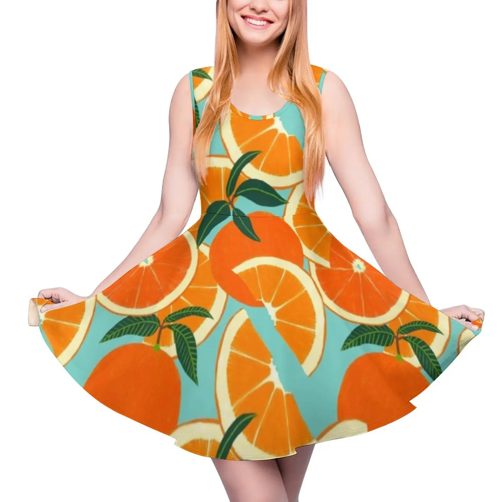 

Oranges Harvest Dress Fruit Green Leaf Print Cute Dresses Sleeveless Casual Skate Dress Women Custom Vestidos Birthday Gift