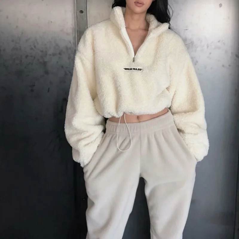 Флисовый пуловер из ягненка свитшот укороченный топ куртка на молнии новая