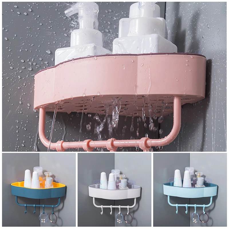 

Free Punch Wall Corner Shower Shelf With Hooks Bathroom Shelve Shampoo Shower Organizer Holder Kitchen Bedroom Storage Racks