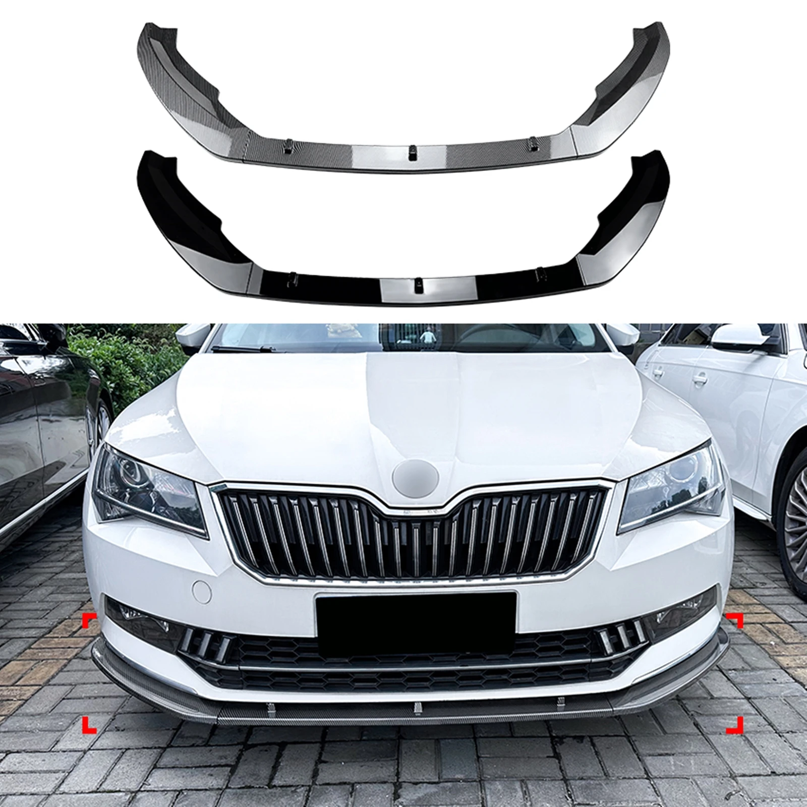 Спойлер на передний бампер для Skoda Superb B8 06.2016-2018 глянцевый черный/углеродное