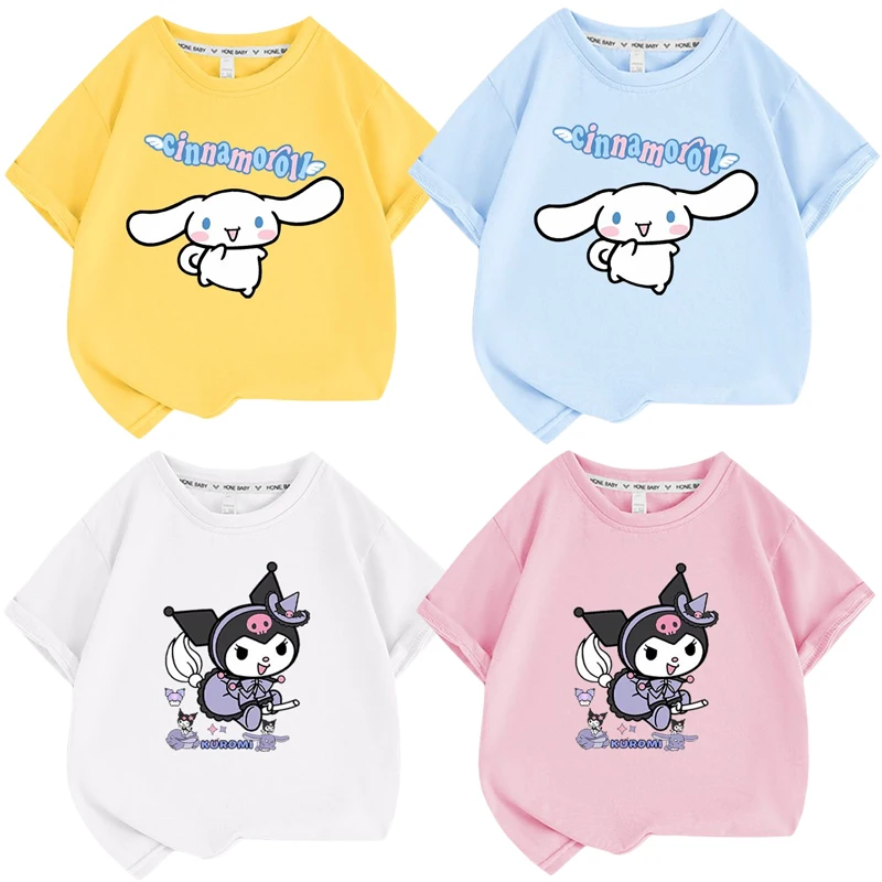 

Sanrios аниме детская одежда Cinnamoroll Kuromi мультфильм Милая футболка с коротким рукавом летняя одежда для девочек топ с коротким рукавом