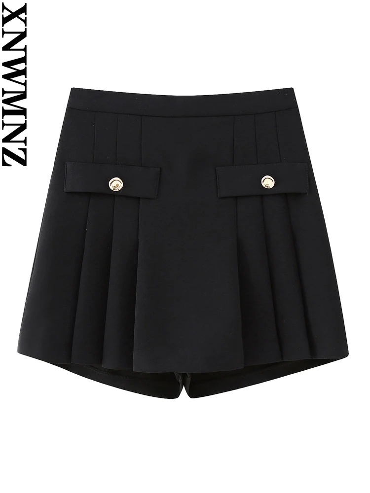 

XNWMNZ 2023 Women Fashion Box Pleated Skorts Woman Vintage High Waist Button Side Zipper Female Chic Shorts Skirt