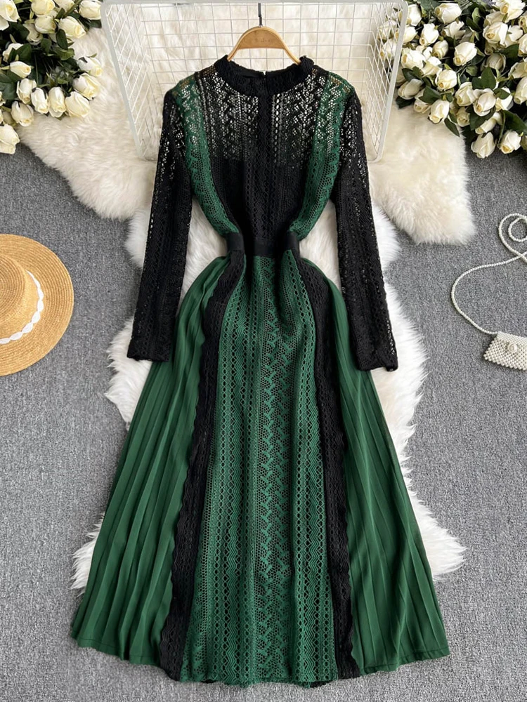 

Autumn Women Green/Black Patchwork Lace Long Dress Elegant O-Neck High Waist A-Line Luxury Pary Maxi Vestidos Female New Fashion