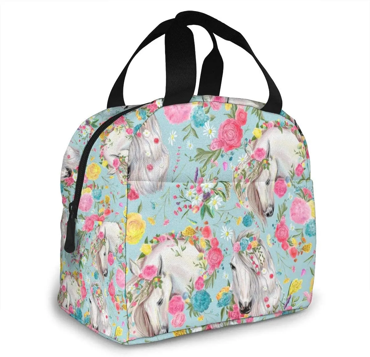 

Flower Horse Insulated Lunch Bag For Women Men Reusable Lunch Box With Front Pocket Lunch Tote Bag For Travel/Picnic/Work