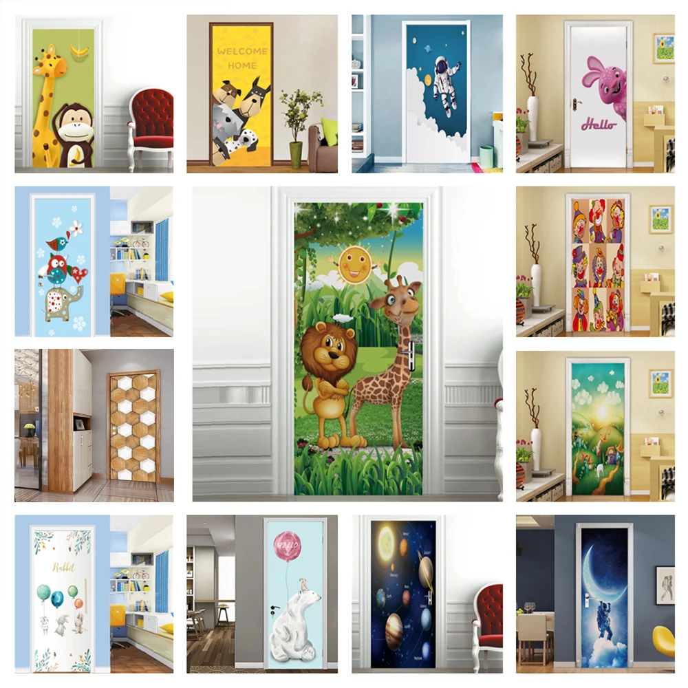 Cartoon Children Door Sticker For Kids Boys Girls Room Bedroom 3d Wallpaper Self-adhesive Jungle Lion Giraffe Poster Decoration