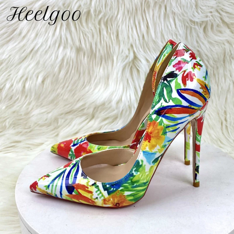 

Heelgoo Rainforest Print Women Sexy Pointy Toe Side Cut High Heel Shoes for Floral Dress PlusSize44 45 46 Slip On Stiletto Pumps