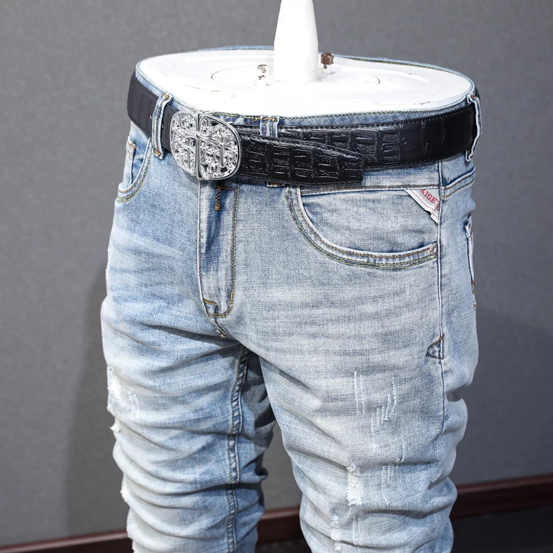 Street Fashion Men Jeans High Quality Retro Light Blue Elastic Stretch Slim Fit Ripped Jeans Men Patched Designer Vintage Pants
