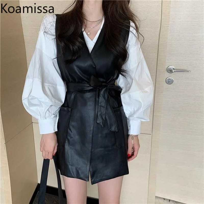 

Женский элегантный комплект из двух предметов Koamissa, белая блузка с длинными рукавами-фонариками и длинная юбка из искусственной кожи с поясом, модель 2022 года