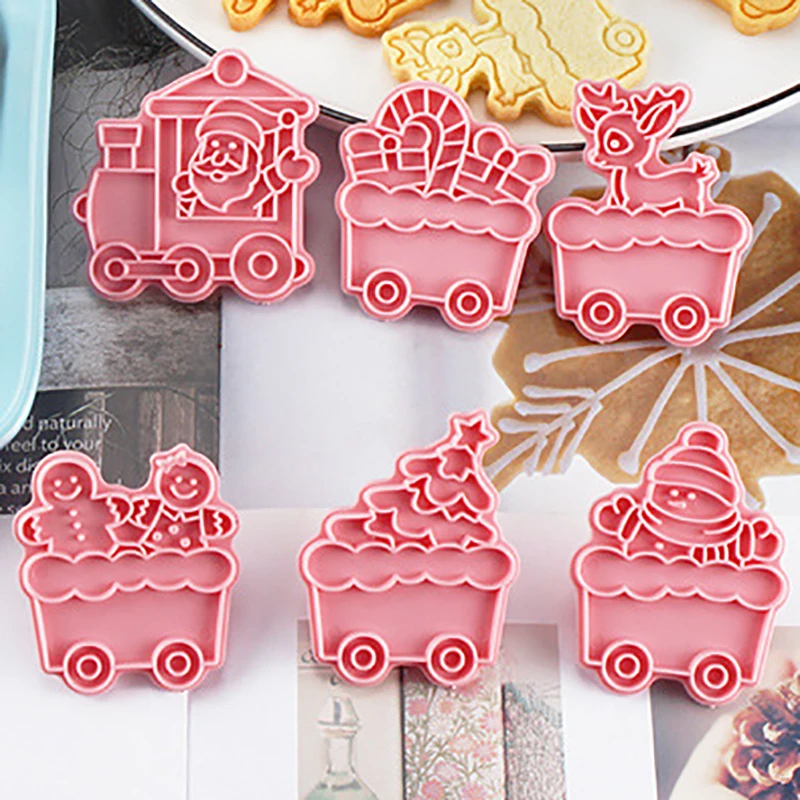 

6Pcs/set Christmas Train Cookie Mold Stamp Biscuit Mold Cookie Cutter DIY Fondant Baking Mold Cake Decoration Tools Bakeware