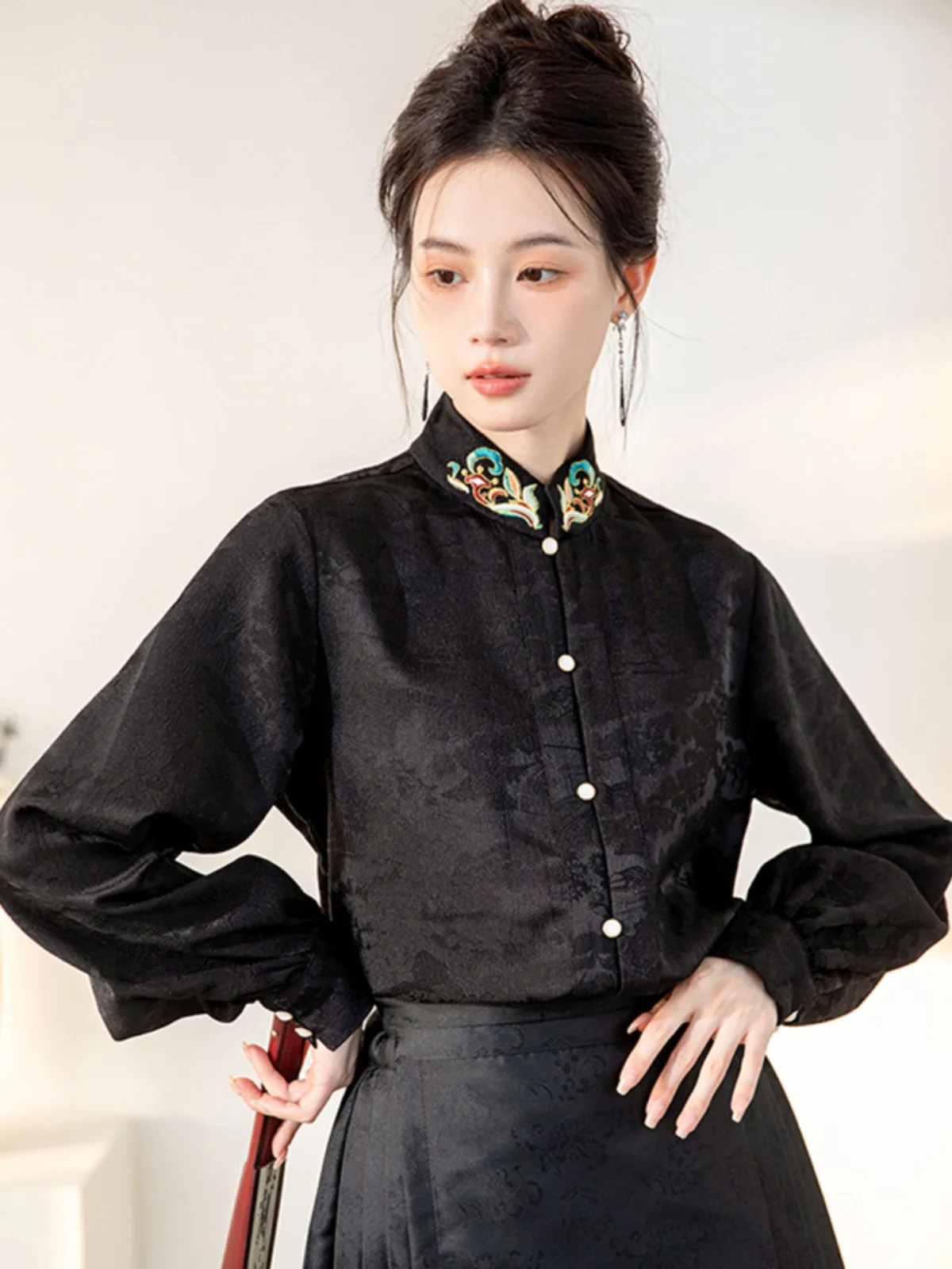 La Chabell Puella2024 Autumn New Stand Collar Solid Long sleeve Shirts Women Fashion Temperament Leisure Top