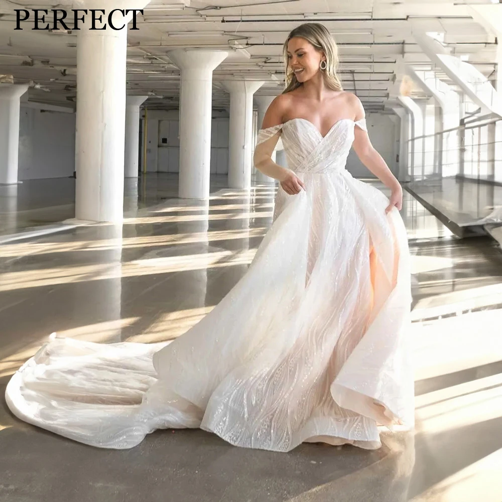 

PERFECT Sweetheart A-line Wedding Dress High Split Off The Shoulder Custom Made Bridal Gowns Glitter Sequins Vestidos De Novia