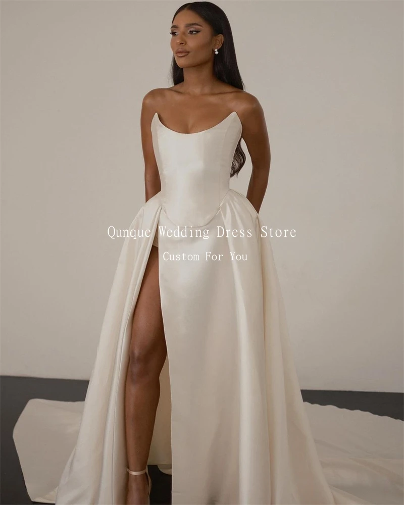 Qjall классическое атласное длинное свадебное платье женское с высоким разрезом