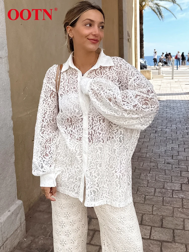 

OOTN Elegant Lace White Long Sleeve Shirts Female Street Chic Cotton Hollow Out Tops Casual Turn Down Collar Woman Blouses 2023
