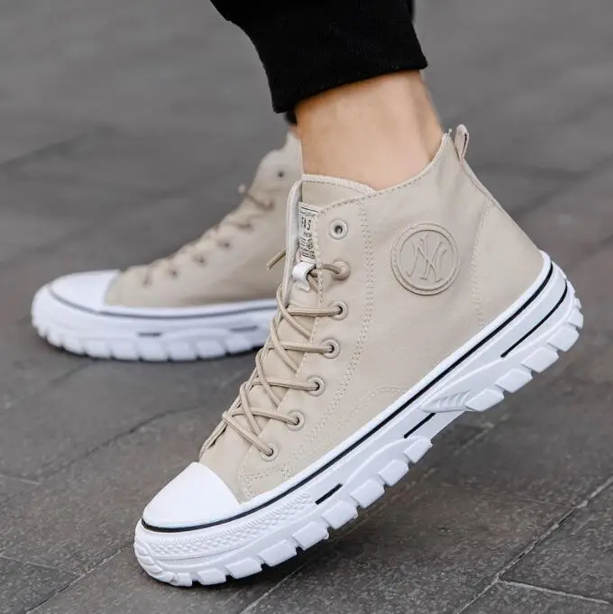 

NEW Fashion High Top Canvas Shoes Men Lace-up Sneakers With Platform Beige Black Gray Breathable Men Skateboard Trend Shoes