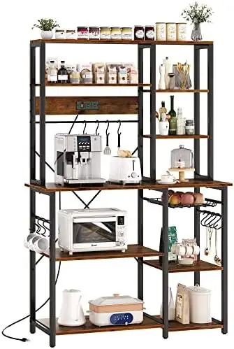 

Bakers with Power Outlets, 6-Tier Microwave Stand, Coffee Bar with 12 S-Shaped Hooks, Kitchen Shelf with Wire Basket, 39.3 x 15