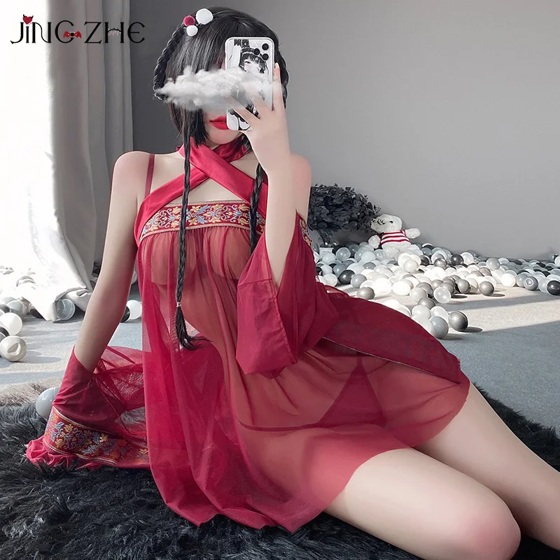 

Пикантное нижнее белье JING ZHE, Женская Классическая шифоновая ночная рубашка с вышивкой