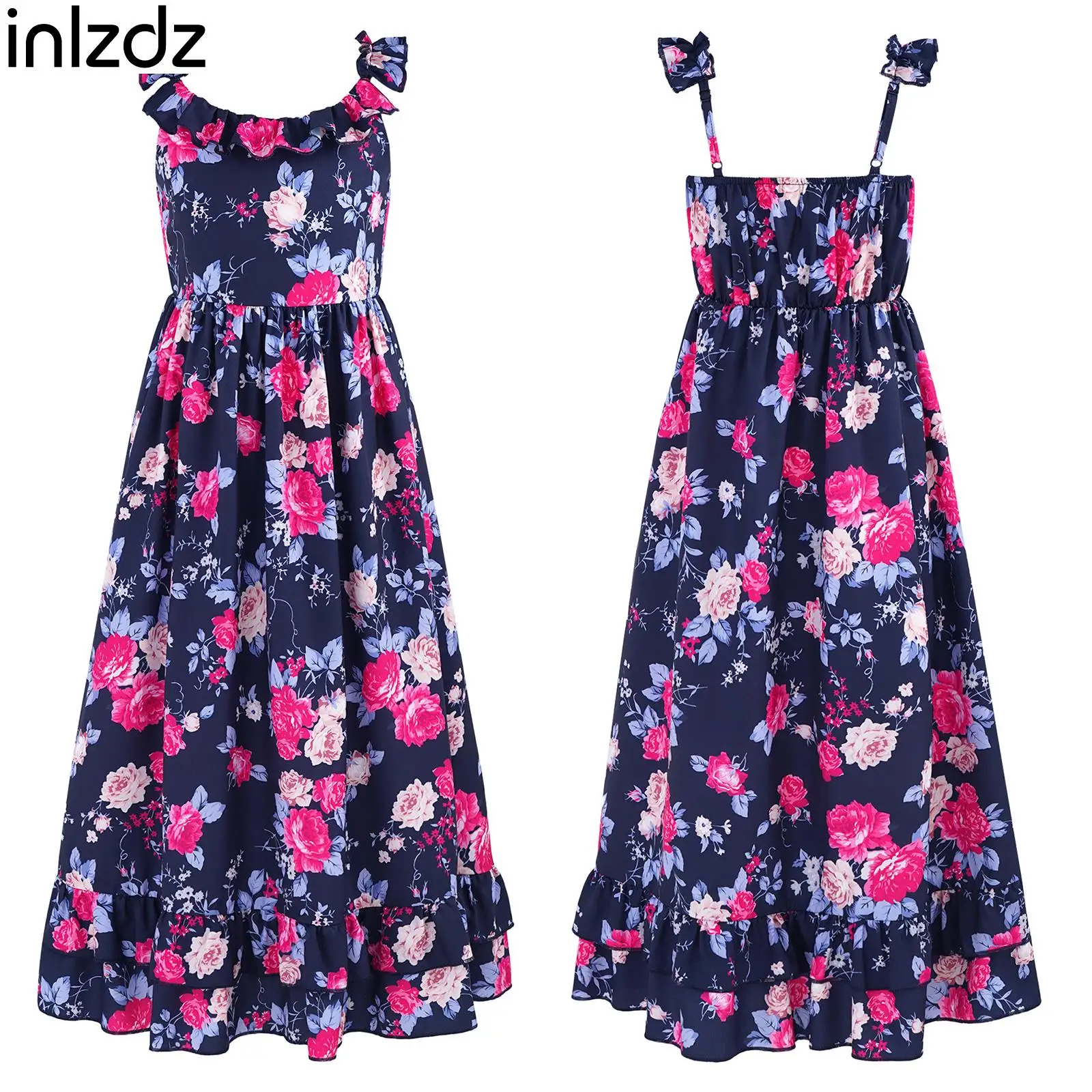 

inIzdz Kids Girls Clolorful Flower Printed Sleeveless Long Dresses Adjustable Shoulder Straps High Waist Ruffle Tiered Hem Dress
