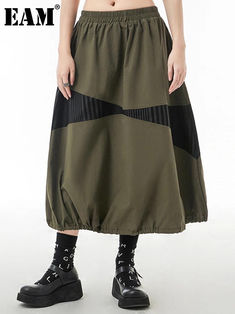 

[EAM] высокая эластичная талия армейская зеленая полосатая длинная повседневная юбка для женщин, модная новинка весна осень 2022 1DE8549