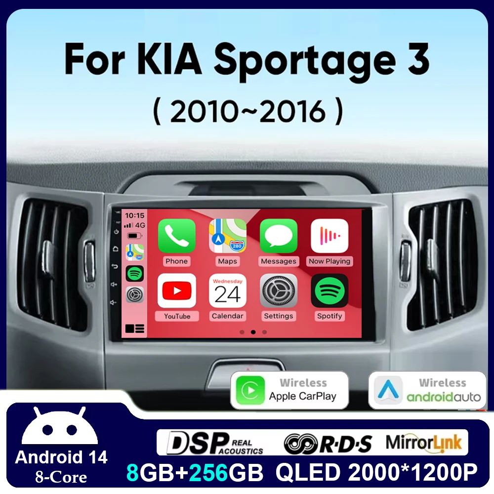 Фото Автомобильный радиоприемник Android 14, для KIA Sportage 3 Sportage R 2010-2016, беспроводной Android Auto Carplay, мультимедийный плеер, автомобильная стереосистема 4G + WIFI №1