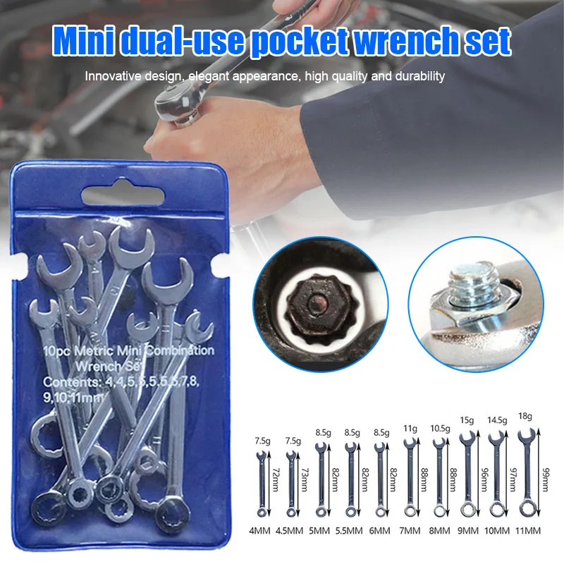

10 Pcs Mini Wrench Combination Professional Household Durable Chrome Vanadium Steel Wrench Mini Combination Wrench Spanner Set