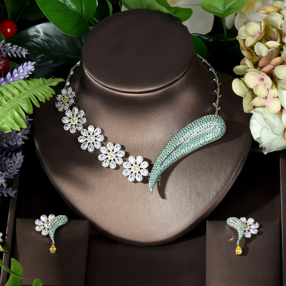 Fashion 2PCS Luxury Flowers Statement Choker Jewelry Set For Women Wedding African Cubic Zircon Dubai Bridal Jewelry N-1012