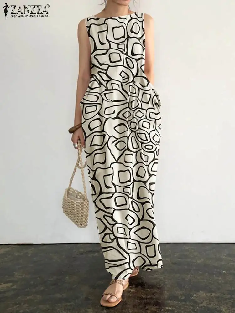 

Bohemian Printed Women Dresses 2022 Summer Sleeveless Oversized Casual ZANZEA Loose Vestido Maxi Long Robe Femme Beach Sundress