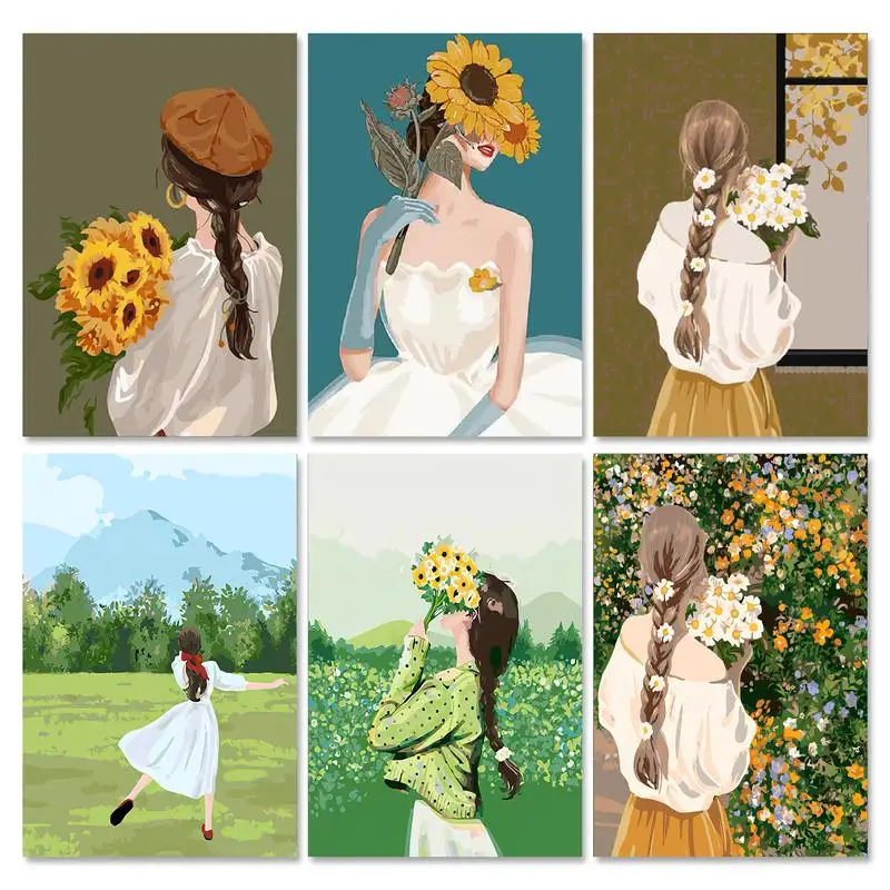 

RUOPOTY Acrylic Painting By Numbers Diy Crafts Girls With Sunflowers Coloring By Numbers On Canvas For Adults Gift Picture Paint