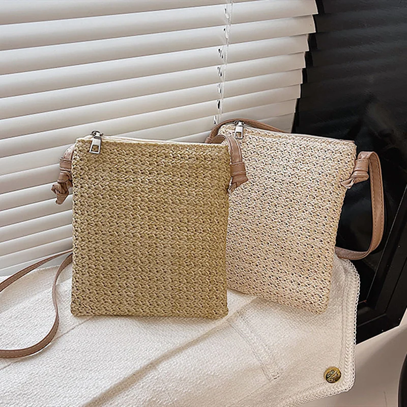 

2023 Women's Straw Plait Small Square Bags One Shoulder Slanted Across Bag Handbag Coin Purses Summer Casual Sweet Holiday Tote