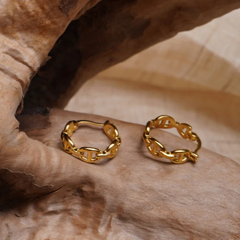 

uilz New Arrival Fashion Gold Color Cuban Link Chain Pig Nose Copper Hoop Earrings for Women Girl Party Jewelry Accessories