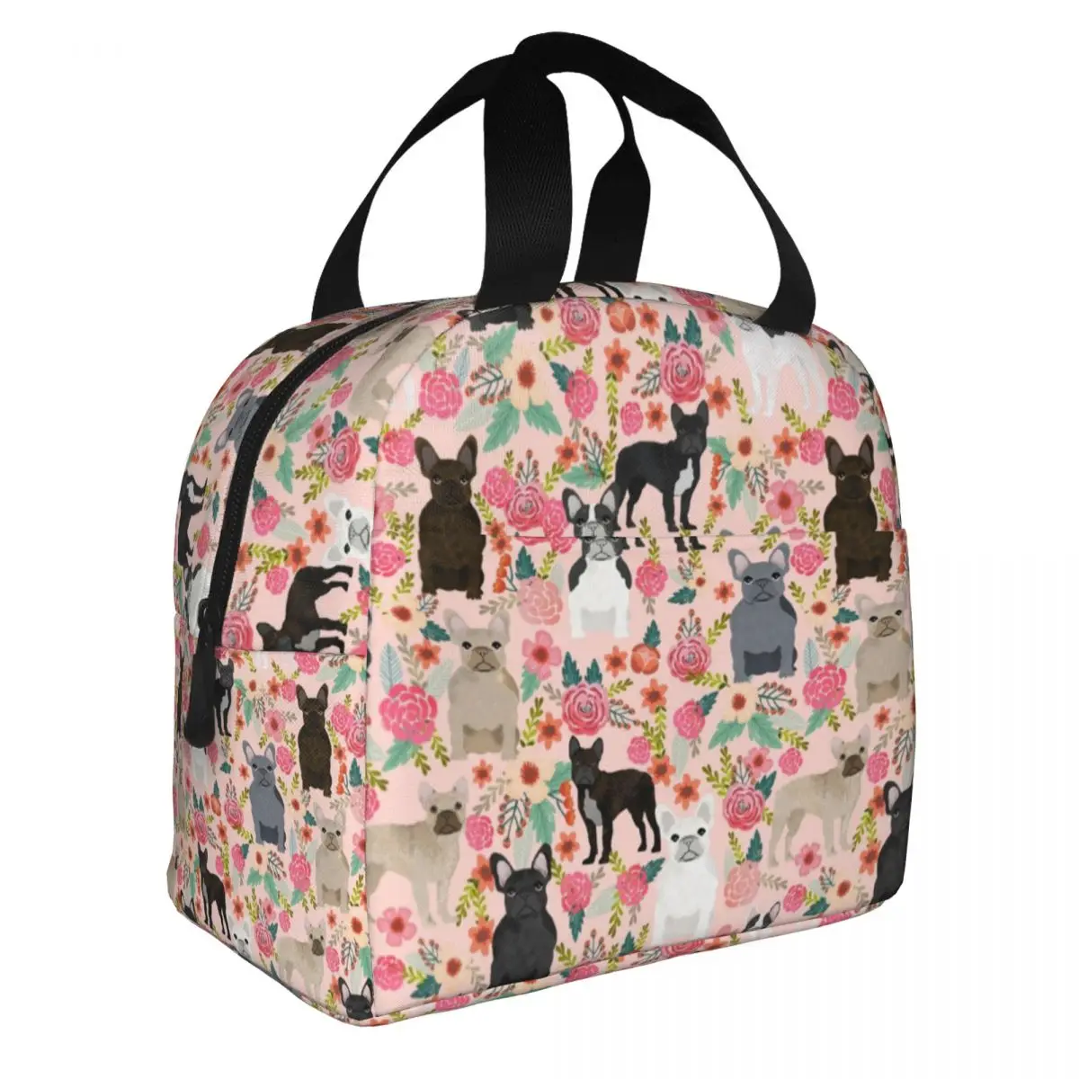 Frenchies Dog French Bulldog Florals Print Lunch Bag Insulated Thermal Cooler Lunch Box For Women Kids School Work Food Bags