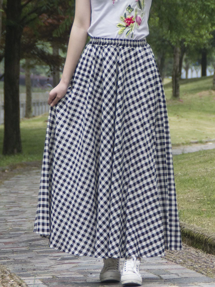 

Elegant Plaid Skirt New Woman Skirts Retro Casual Style Stitching Cotton And Linen Large Swing Gothic Long Skirt Woman Spring