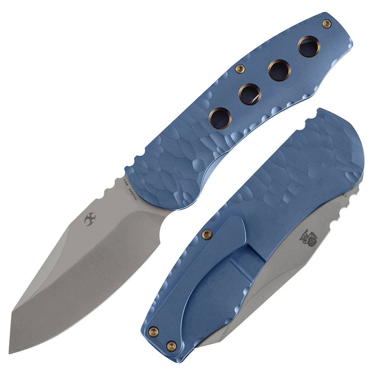 Фото Складной нож Kansept K1110 CAVEMAN с клинком 3,57 дюйма из дамасской стали/CPM 20CV и титановой рукоятью с ЧПУ-обработкой и узором под камень №2