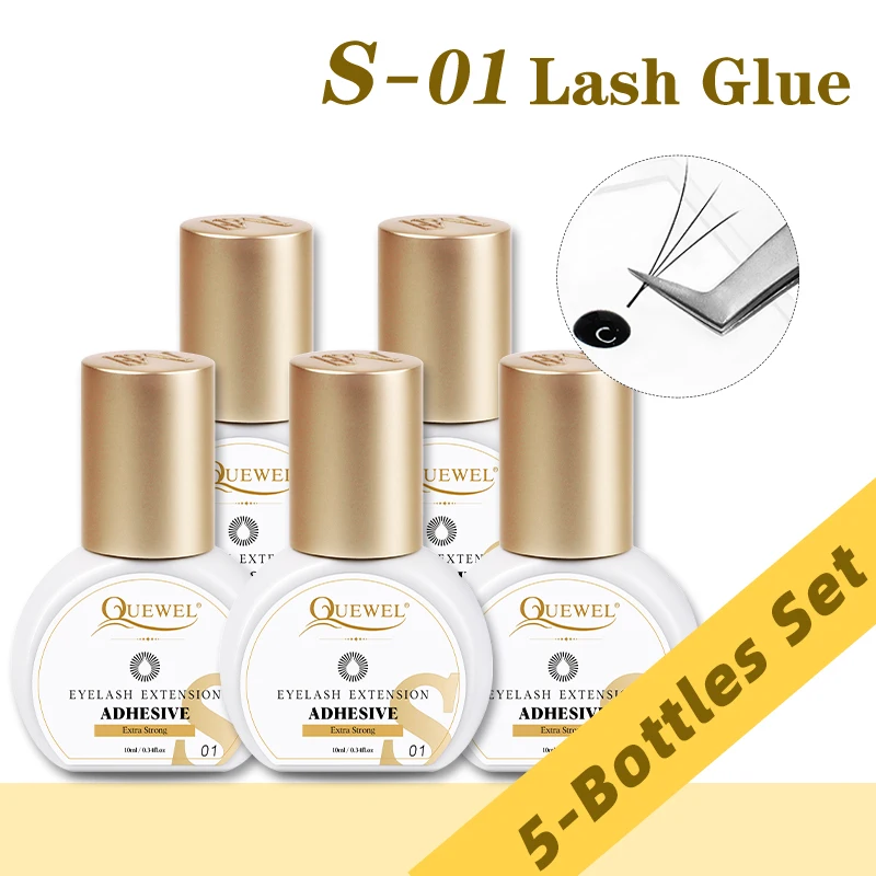 Quewel 1S Fast Drying Eyelash Glue 5 Bottles/Set 10ml Black Eyelashes Extension Adhesive Long Lasting Low Smell New Wholesale