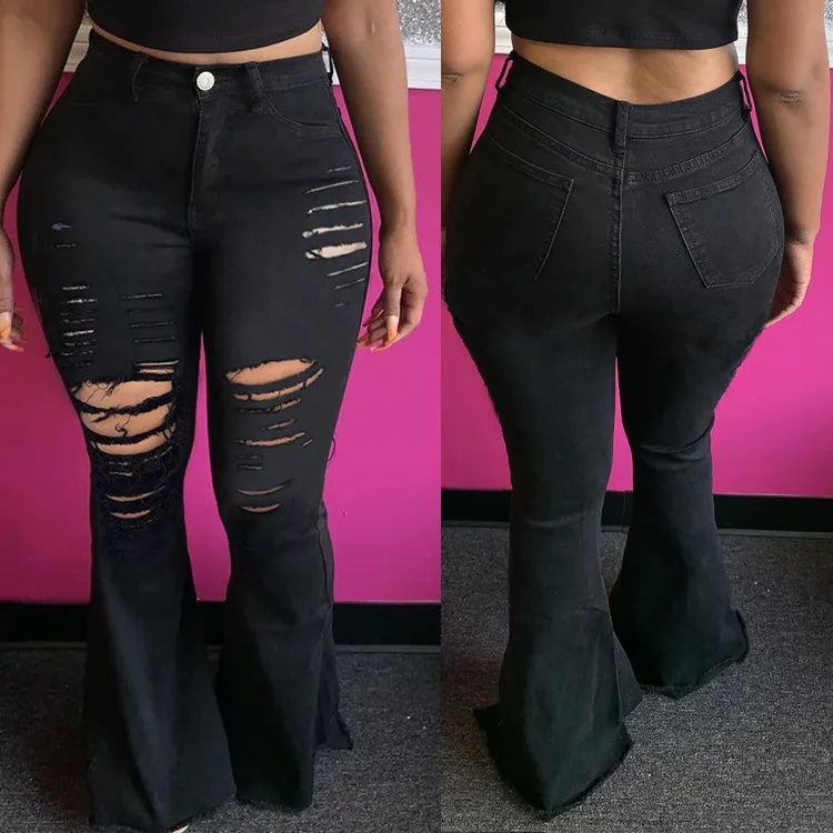 

2022 Spring Summer Women Denim Pants Flare Trousers High Waist Retro Stretch Hip Lift Ripped Elastic Wide Leg Flared Jeans