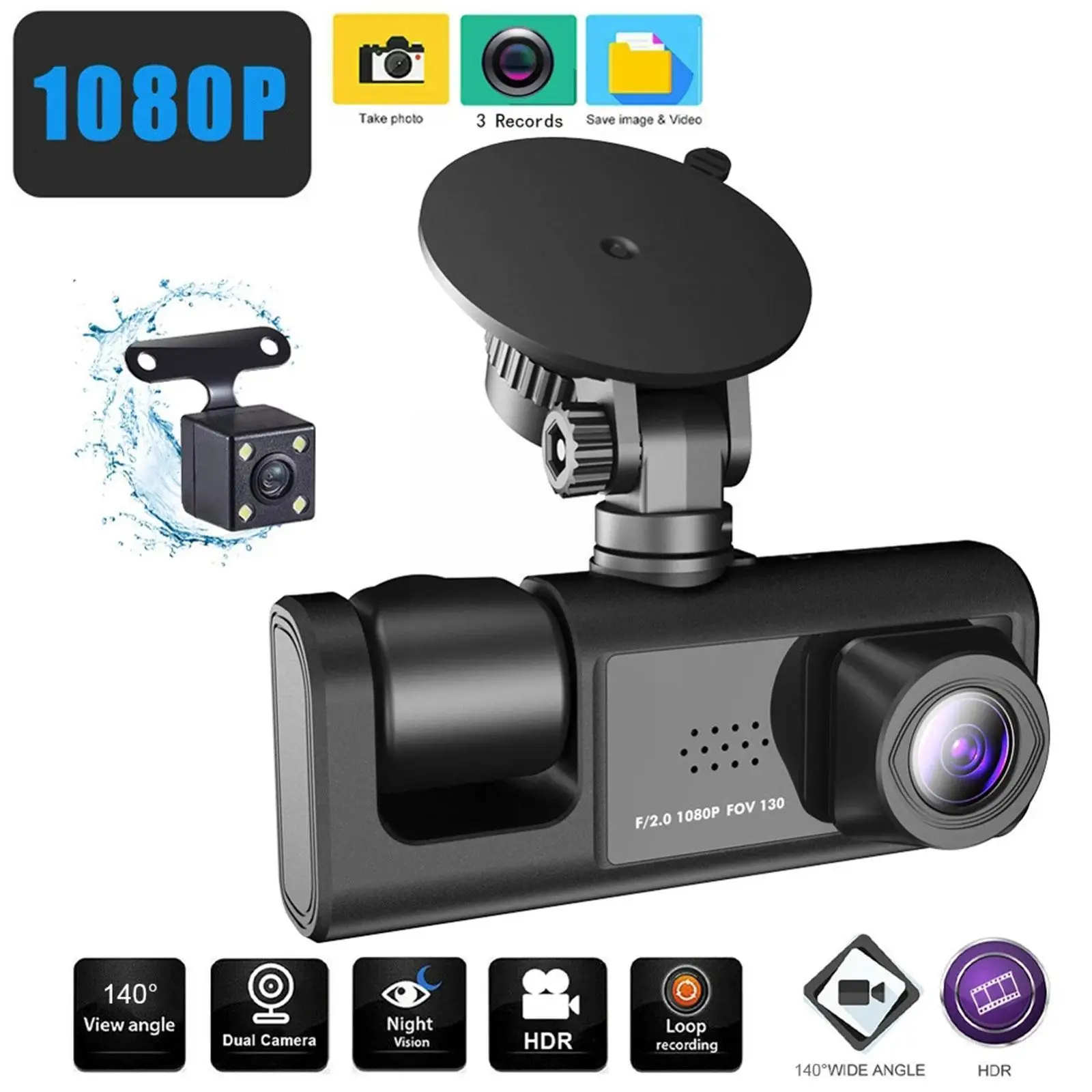 3 Camera Dash Cam 1080p Front And Inside 2 Inch Screen Box Accessories Car Camera Recorder Dvr Driver Black Rear Dashcam Ca O7o4