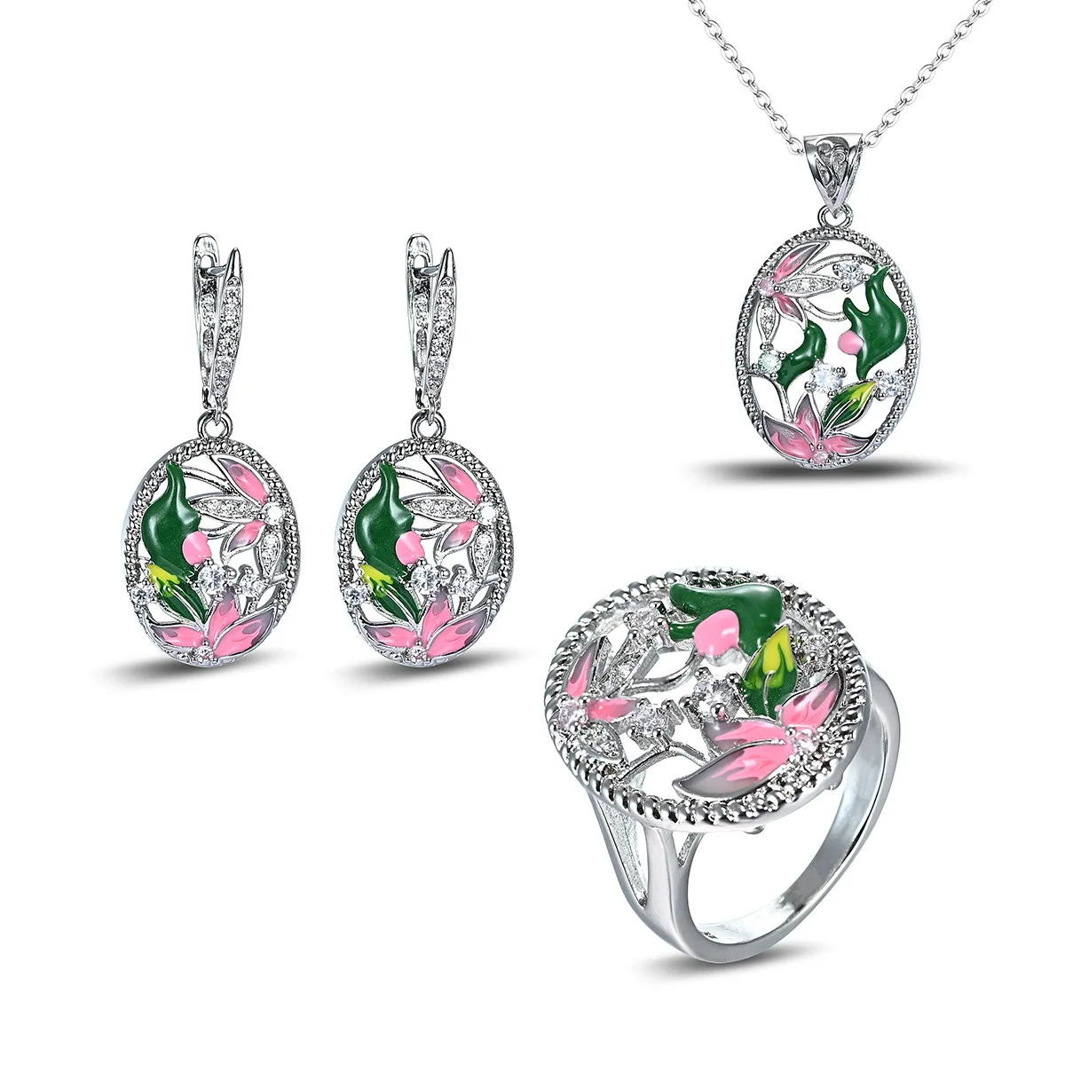 

Creative oval flowers, enamel, lacquer, dripping gum, diamond-set ring, earring, pendant, necklace set