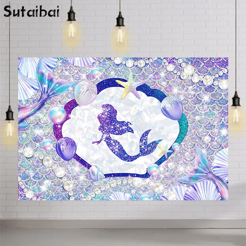 

Mermaid Theme Backdrop for Girls Princess Birthday Party Blue Purple Glitter Scales Pearl Decor Photography Supplies Photo Booth