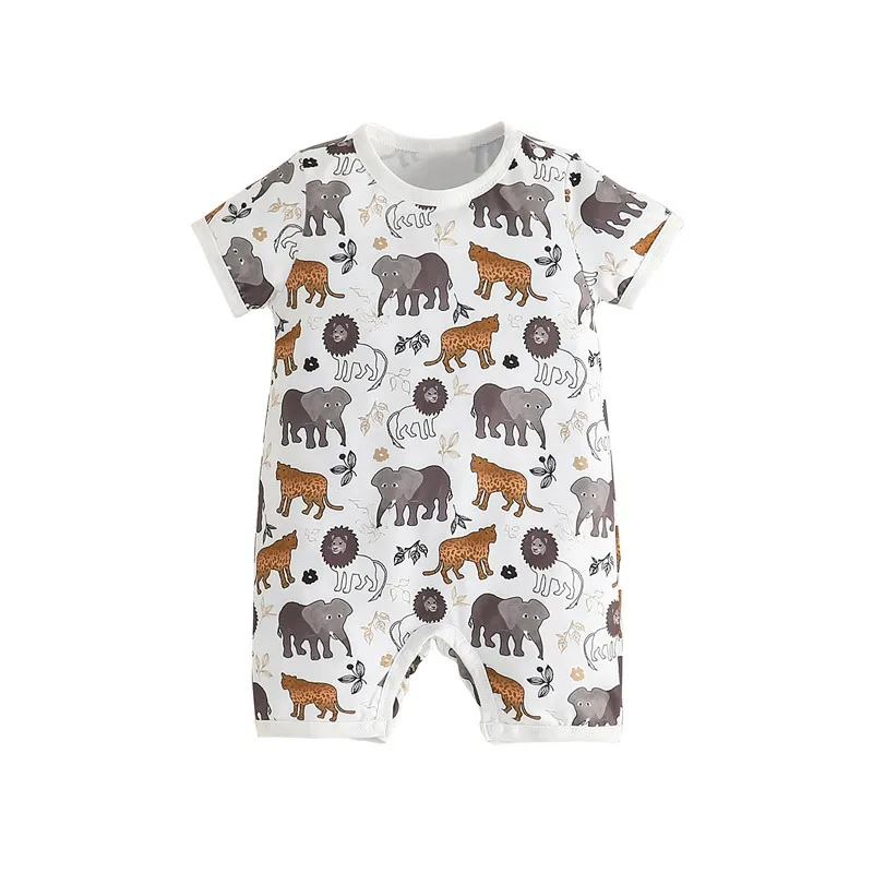 Summer Newborn Baby Boys Girls Sleeveless Romper Casual Animal Print Button Front Jumpsuit Clothes 30