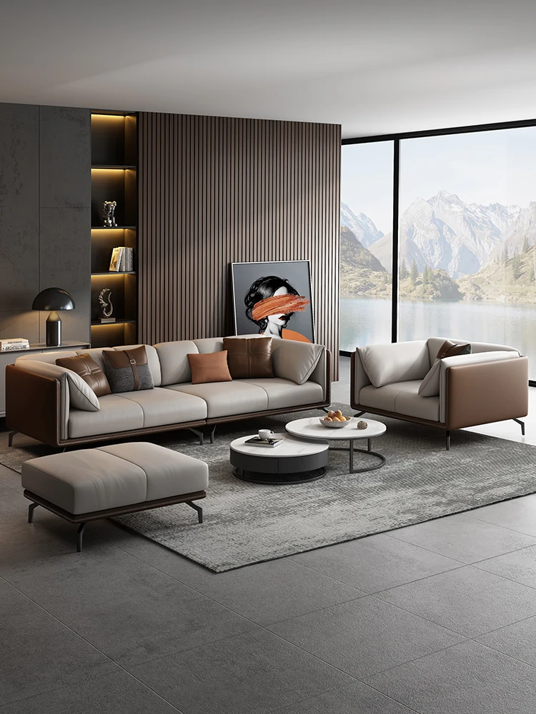 

Light luxury leather sofa head cowhide minimalist modern Italian minimalist furniture living room three-seat sofa