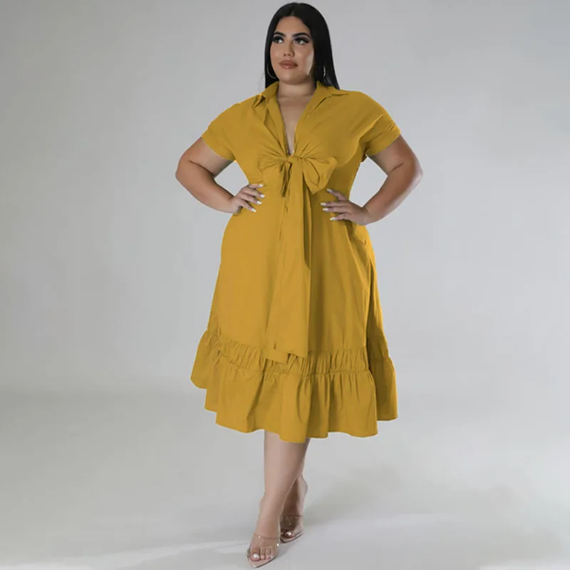 Plus Size Loose Dress Bow V Neck Elegant Women Clothing Chubby Female Luxury Robe 2023 Summer Trendy Party Fluid Wide Dress