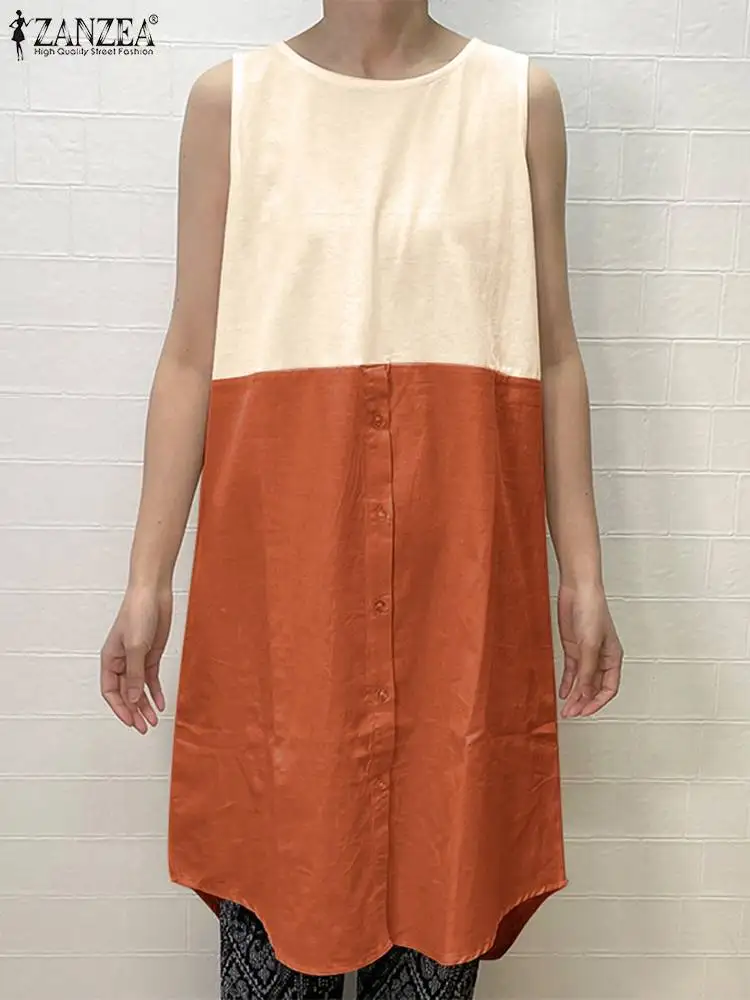 

ZANZEA Women Round Neck Tank Tops Irregular Hem Color Block Fashion 2023 Summer Blouses Button Slit Hem Sleeveless Casual Shirts