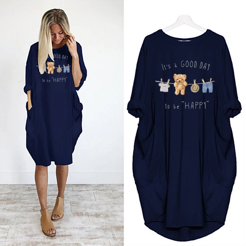 

Kawaii Bear Midi Dress Women Funny Text Print Autumn Loose Pocket Dresses Long Sleeve Cartoon Sundress Vestidos Streetwear Robe