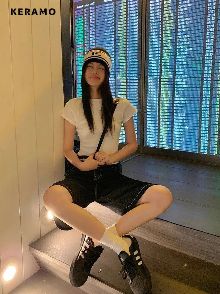 Однотонные джинсовые шорты в американском стиле ретро с высокой талией и