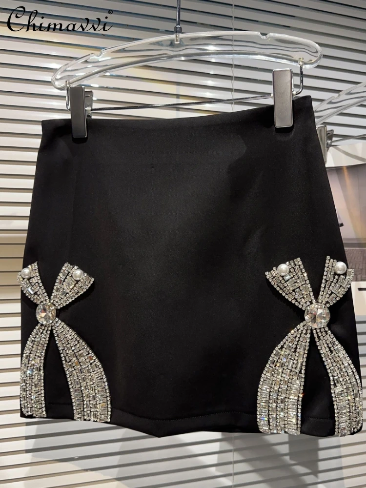 

Heavy Industry Rhinestone Bow Padded Shoulder Long Sleeve Suit Short Skirt Two-Piece Set 2023 Spring Autumn Hot Girl Skirt Set