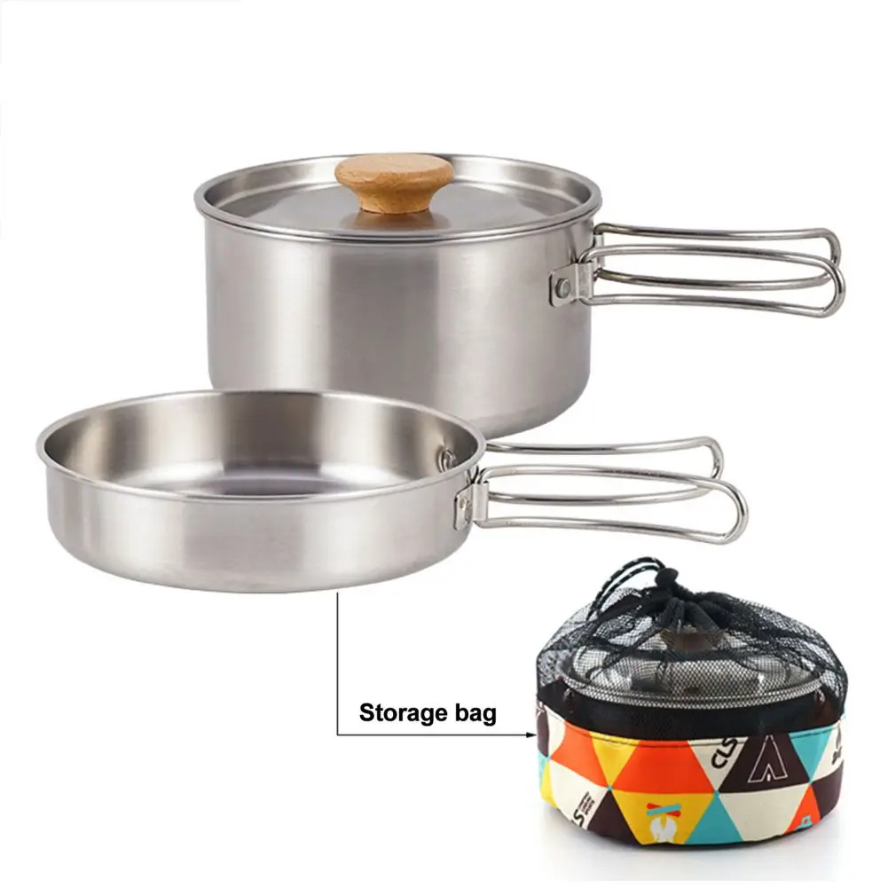 

Outdoor Mountaineering 304 Stainless Steel Folding Handle Pot Camping Portable Frying Pan Soup Pot Household Picnic Pot Set
