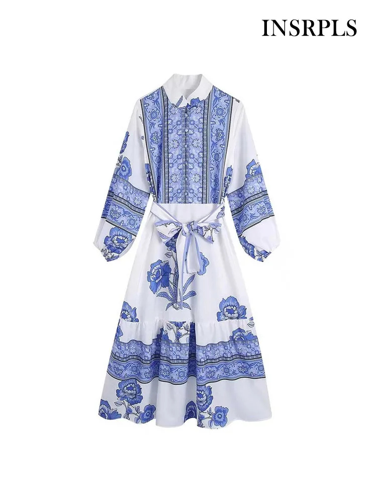 

INSRPLS Women Fashion With Belt Floral Print Midi Dress Vintage Long Sleeve Front Buttons Female Dresses Vestidos Mujer