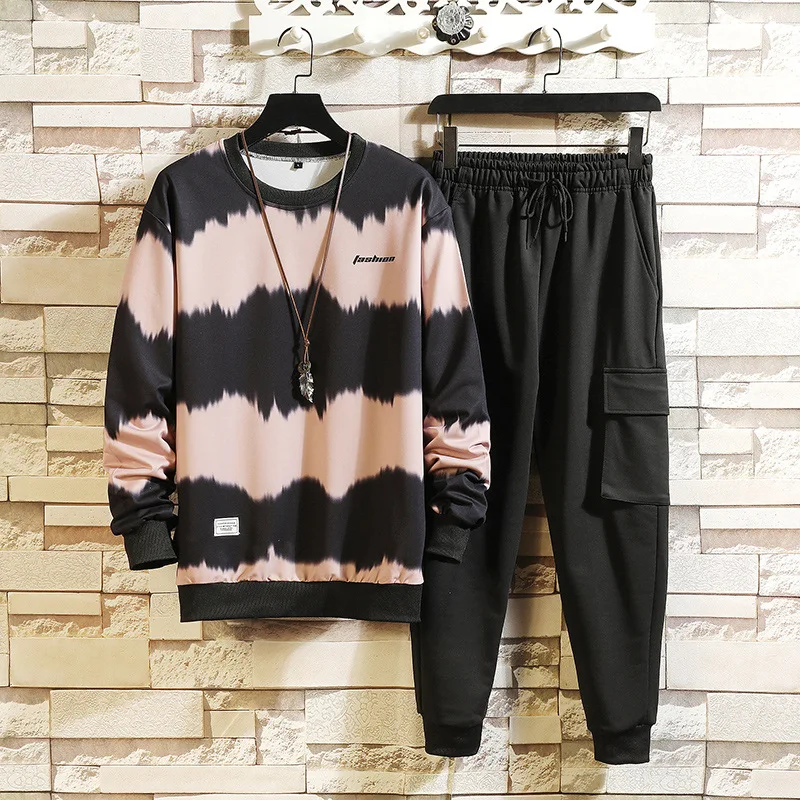 

Plus Size Men's Suit Two-Color Tie-Dye Long-Sleeved Sweater+Solid Color Pants Casual Two-Piece Suit