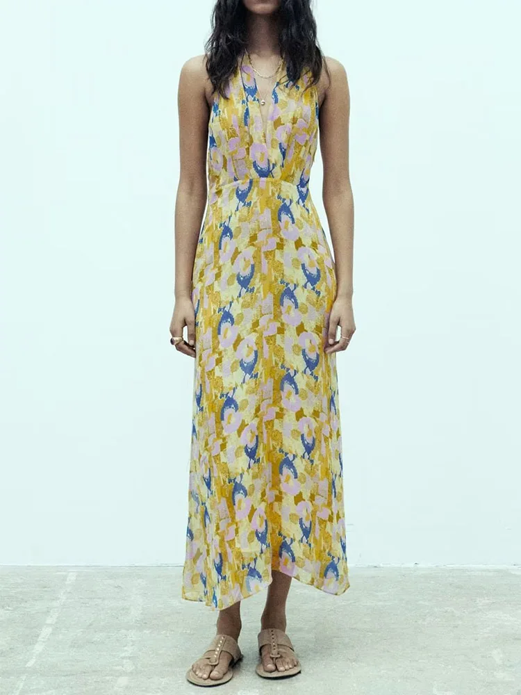 

Kumsvag 2023 Women Summer Halter Dress Fashion Print V-Neck Sleeveless Backless Female Elegant Street Mid-Calf Dresses Clothing
