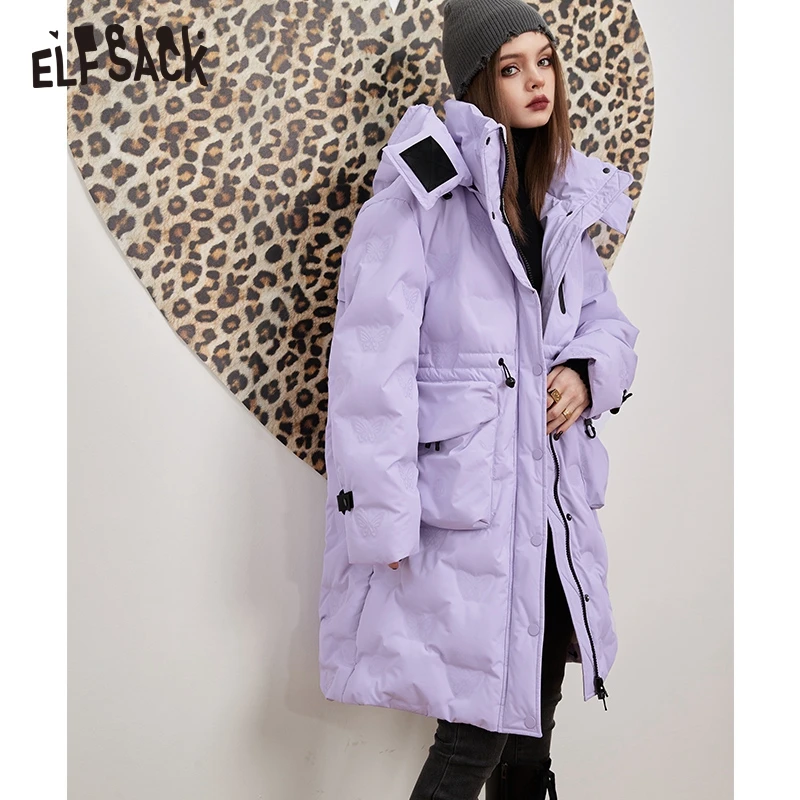 ELFSACK Purple Warm Down Coats Women 2022 Winter Luminous Printing Loose Mid-length Casual Coats