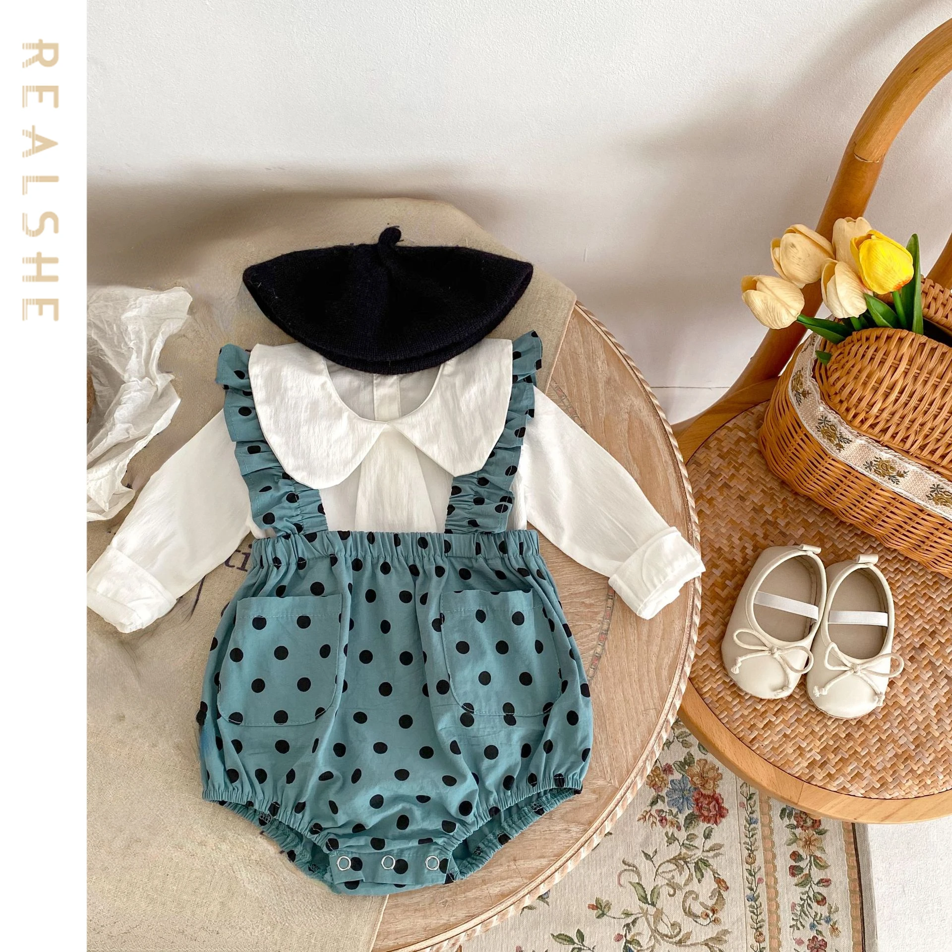 

2023 Baby Rompers Infant Girls Jumpsuit Clothes Autumn White Shirt+Dot Printing Romper 2pcs Sets Newborn Girls Cute Clothing